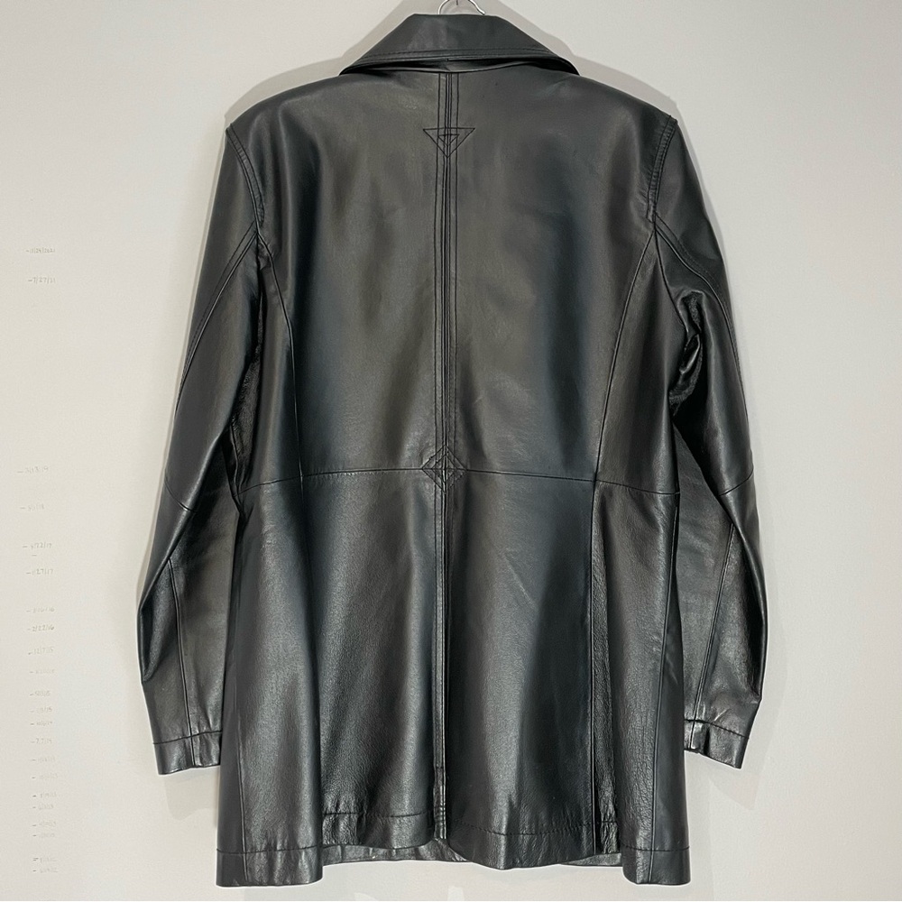 Vintage 90s Black Leather Jacket Large Minimalist Grunge Goth Biker Trench Coat - Picture 3 of 15